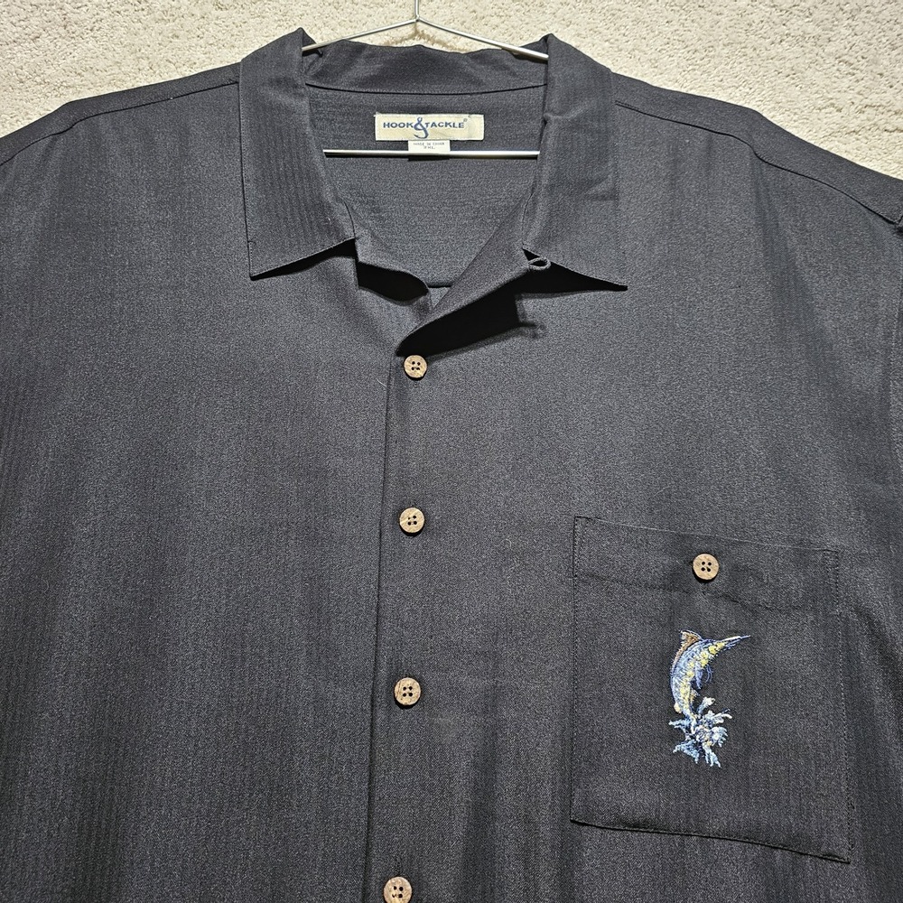HOOK & TACKLE Men 2XL Black MARLIN Embroidered pocket and‎ back Camp Shirt EUC - Picture 5 of 11